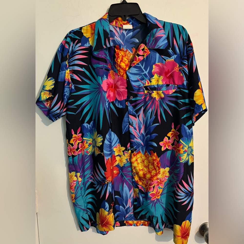 King Kameha Mens XL Hawaiian Button Down Short Sleeve Shirt Black Pineapple Pink